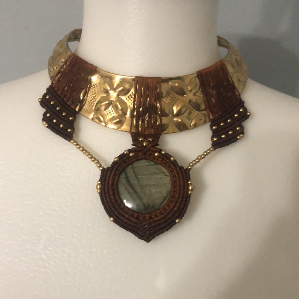 Handmade brass collar necklace macrame labradorite stone statement piece boho